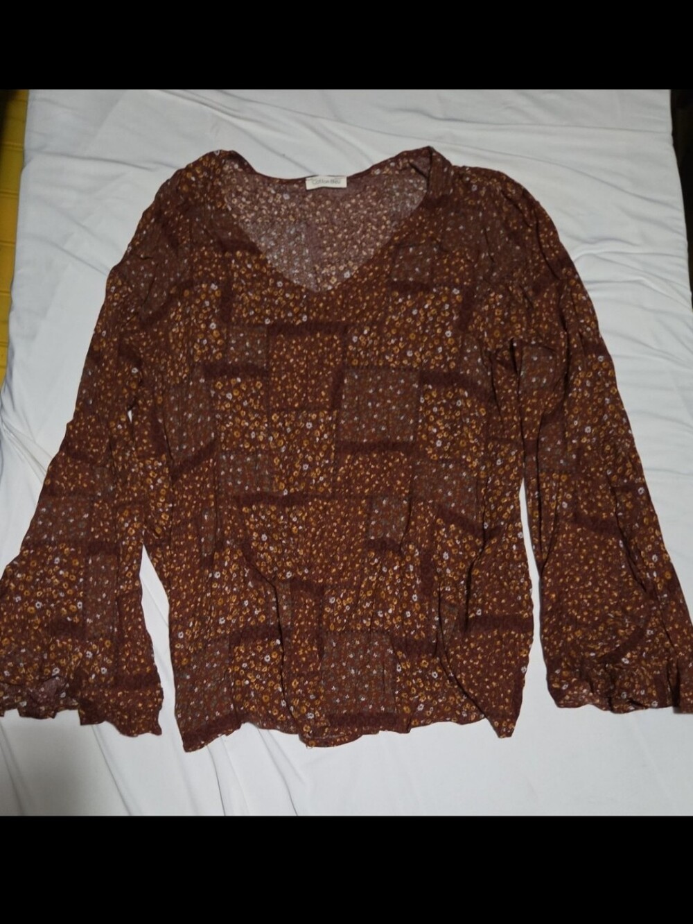 Cotton bleu women's medium brown floral flare sleeve blouse #30